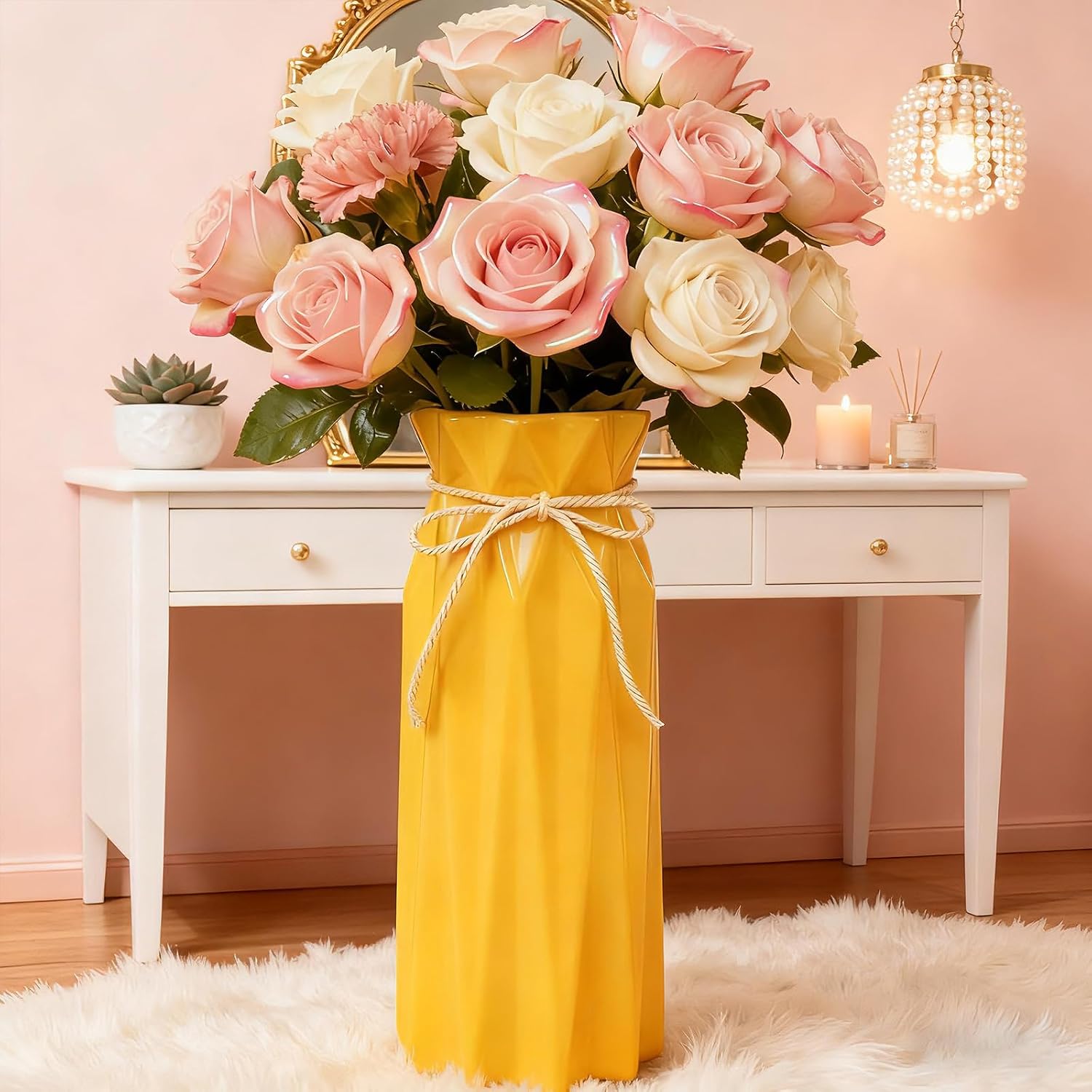 Disoza Ceramic Vase for Home Decor Yellow Modern Flower Vase for Pampas Grass Dried Flowers 9.5" H x 3.9" W Vases for Living Room Decorations Porcelain Tulip Vases for Table Kitchen Decor