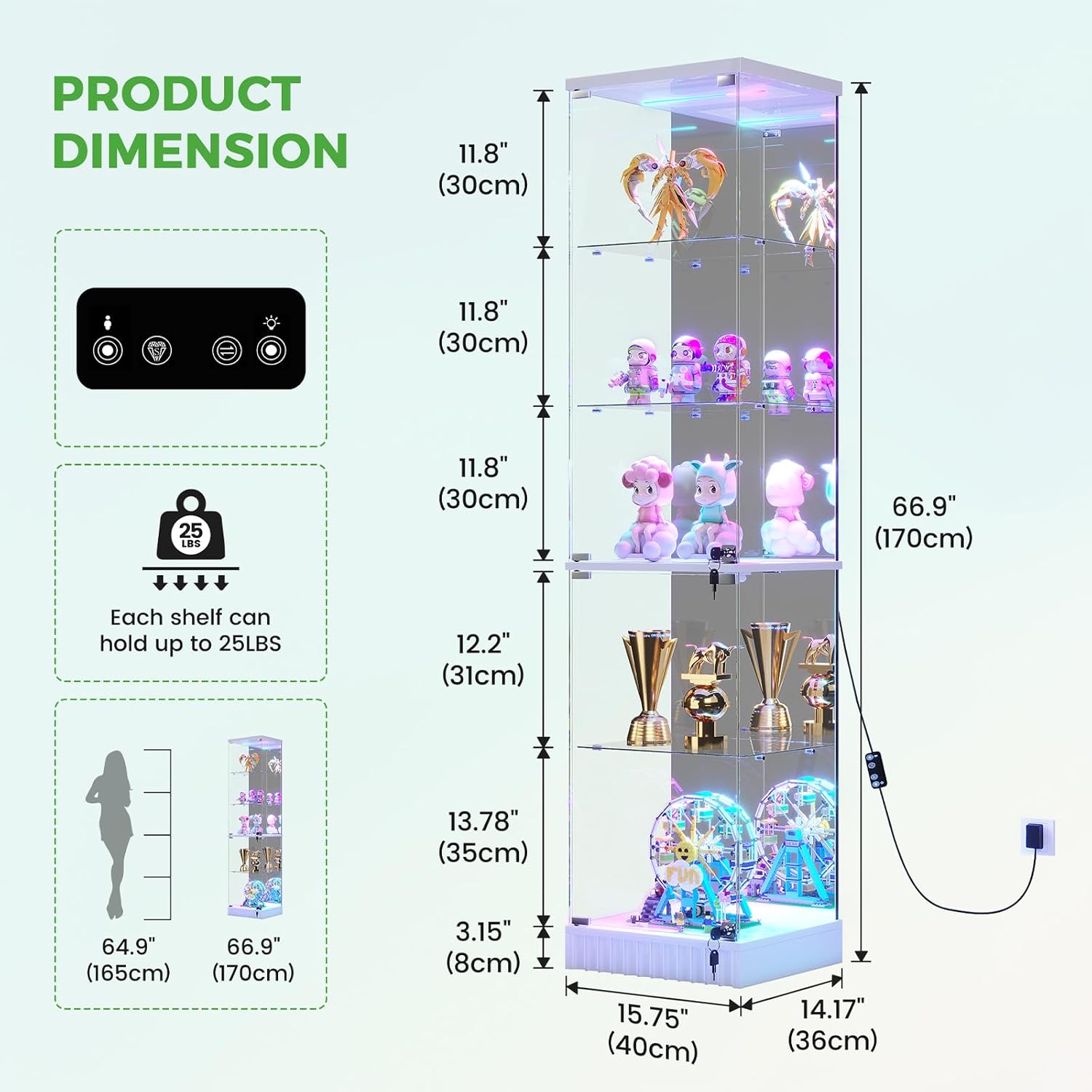 HNEBC Glass Display Cabinet, LED Display Case with RGB Lighting, Lockable Curio Cabinet with Explosion-Proof Glass Doors for Collectibles,5-Tier China Cabint with Motion Sensor Light-White