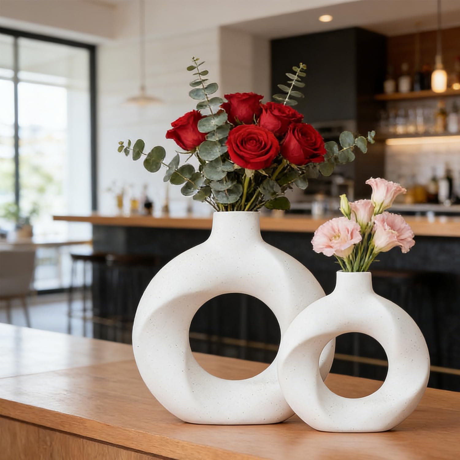 Donut Ceramic Vase Set of 2,Nordic Modern,Hollow,Decorative Ceramic Aesthetic Flower Vase for Home Decor Table Centerpiece Wedding Dining Living Room Office Bookshelf (White)