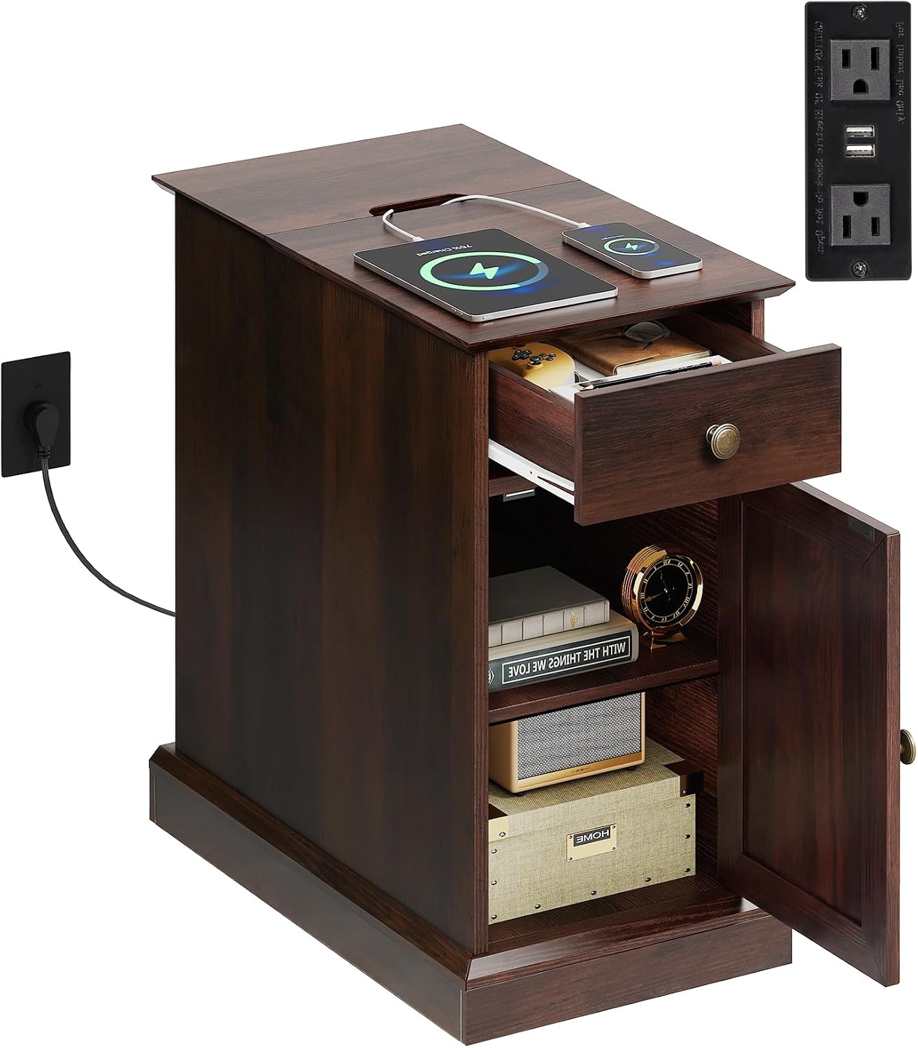 WLIVE End Table with Charging Station, Narrow Sied Table with Drawer & Cabinet, Side Table with Adjustable Shelf for Living Room/Bedroom, Wooden Nightstand with Hidden USB Ports and Outlets, Espresso
