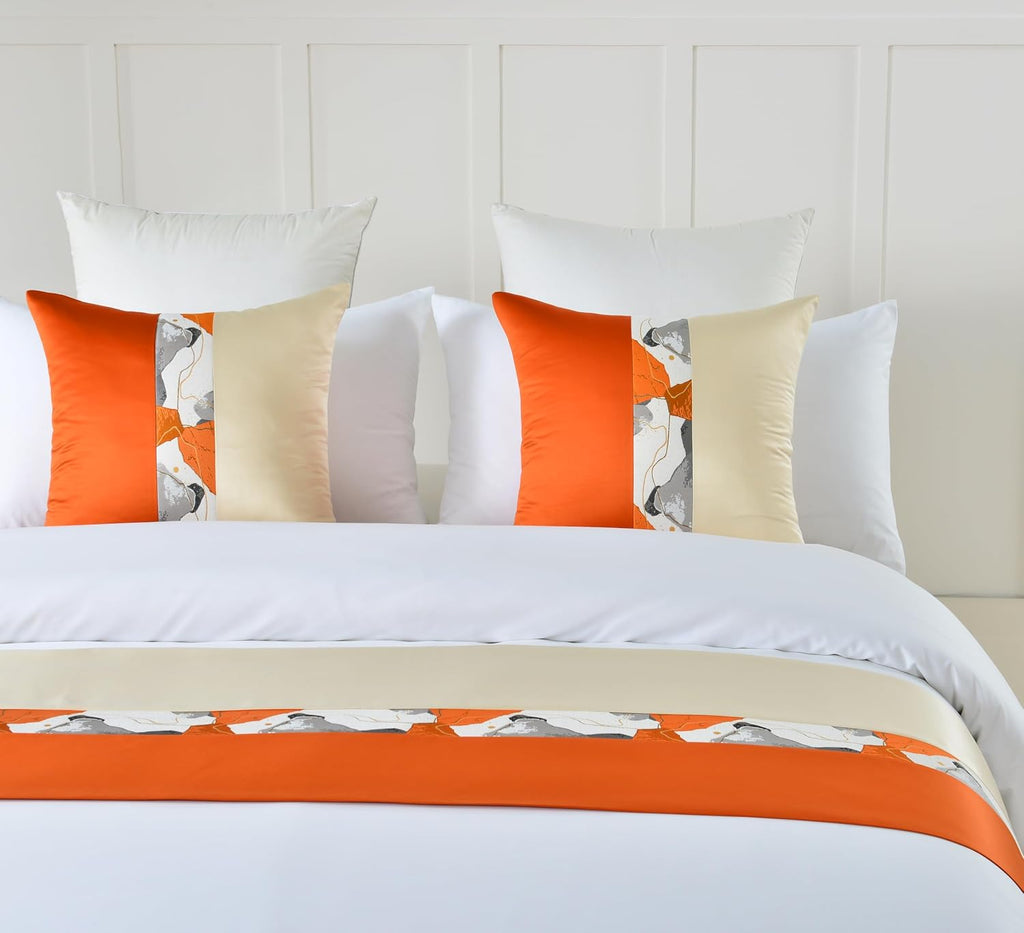 Luxury Hotel Grade Bed Runner Orange 210X50cm for 1.5m Bed Elegant Comfortable Fabric with Matching Cushions Wrinkle-Free and Premium Finish