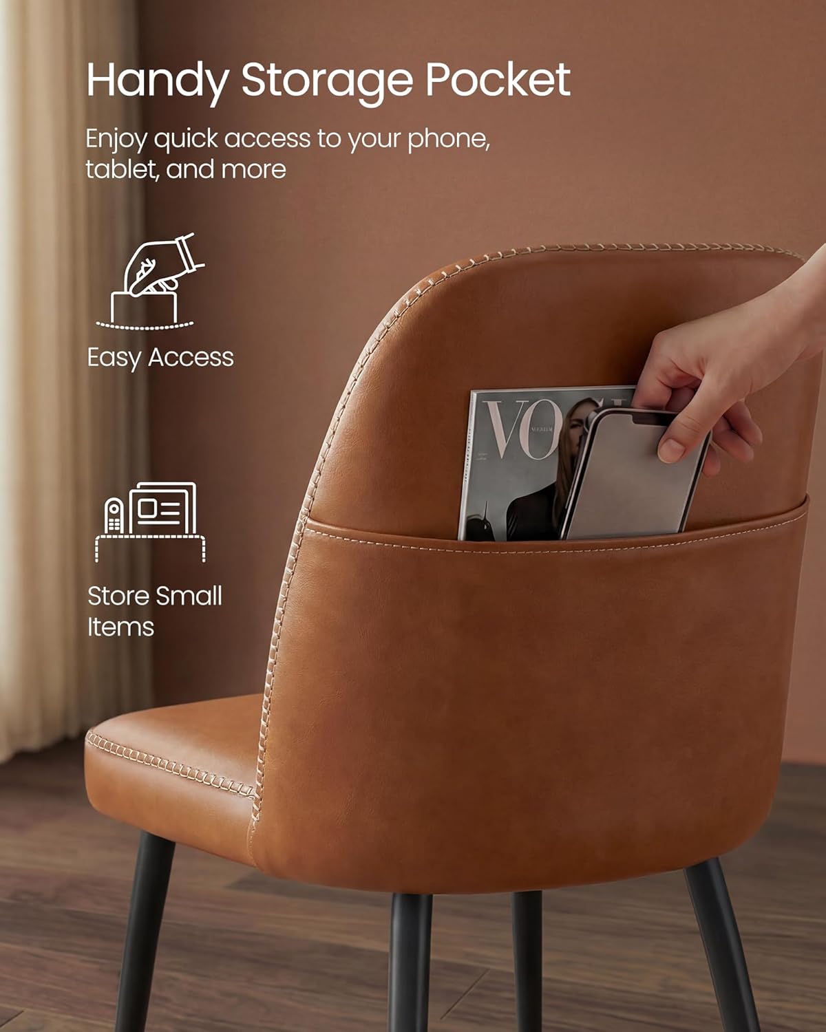 VASAGLE EKHO Collection - Dining Chairs Set of 2, Upholstered Kitchen Chairs, Comfortable Seat, Synthetic Leather with Stitching, Mid-Century Modern, with Storage Pocket, Caramel Brown UKDC190KN01