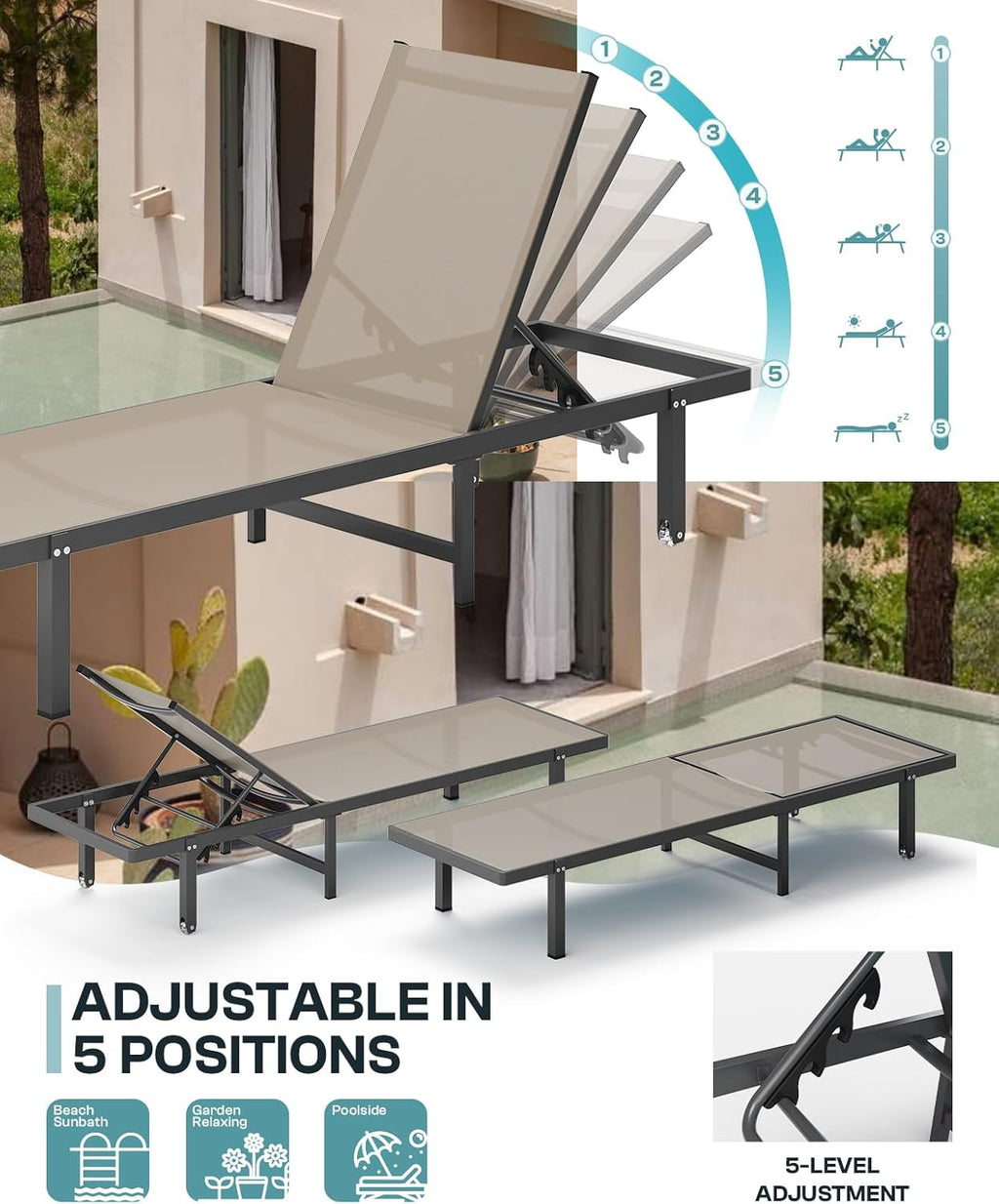 Chaise Lounge Outdoor, Aluminum Pool Lounge Chairs with Wheels, 5 Adjustable Backrest - Easy to Move- Outdoor Lounge Chairs for Deck, Beach, Poolside (Khaki)