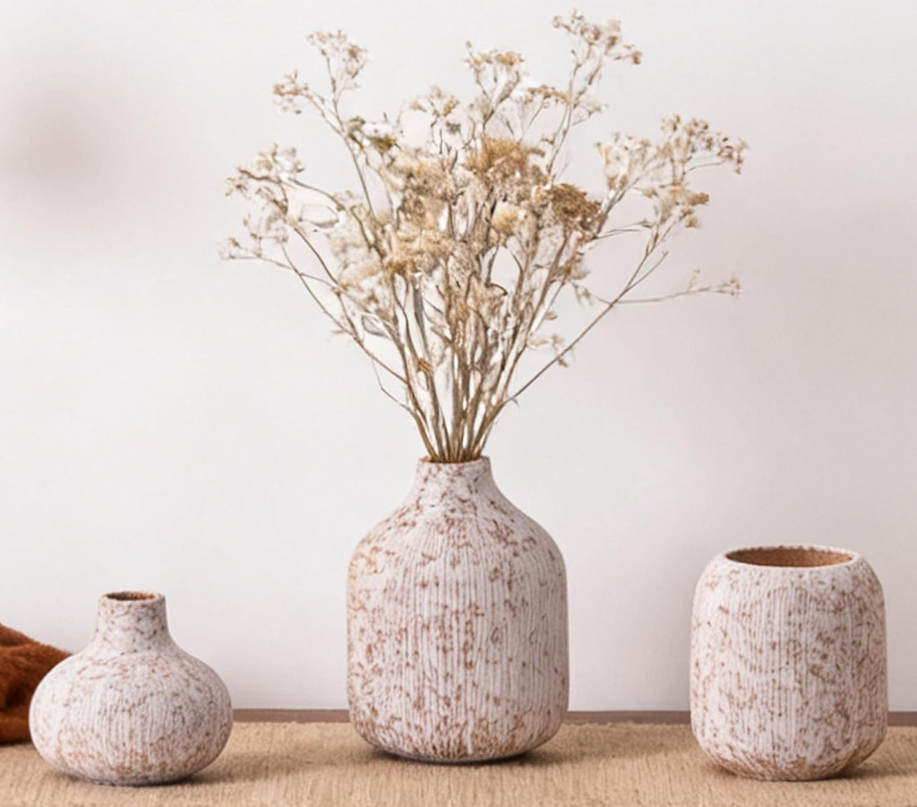 Modern Ceramic Vases Set 3, Stone Style Ribbed Vases Decorative for Table Shelf Decor Bookshelf Decoration