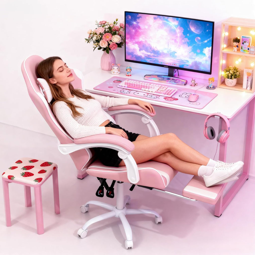 MoNiBloom Pink Gaming Chair with Headrest & Lumbar Support, Ergonomic Computer Desk Chair with Footrest, Adjustable Height Leather Racing Chair for Adults Teens Women Girl Gamer Office