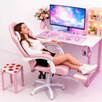 MoNiBloom Pink Gaming Chair with Headrest & Lumbar Support, Ergonomic Computer Desk Chair with Footrest, Adjustable Height Leather Racing Chair for Adults Teens Women Girl Gamer Office