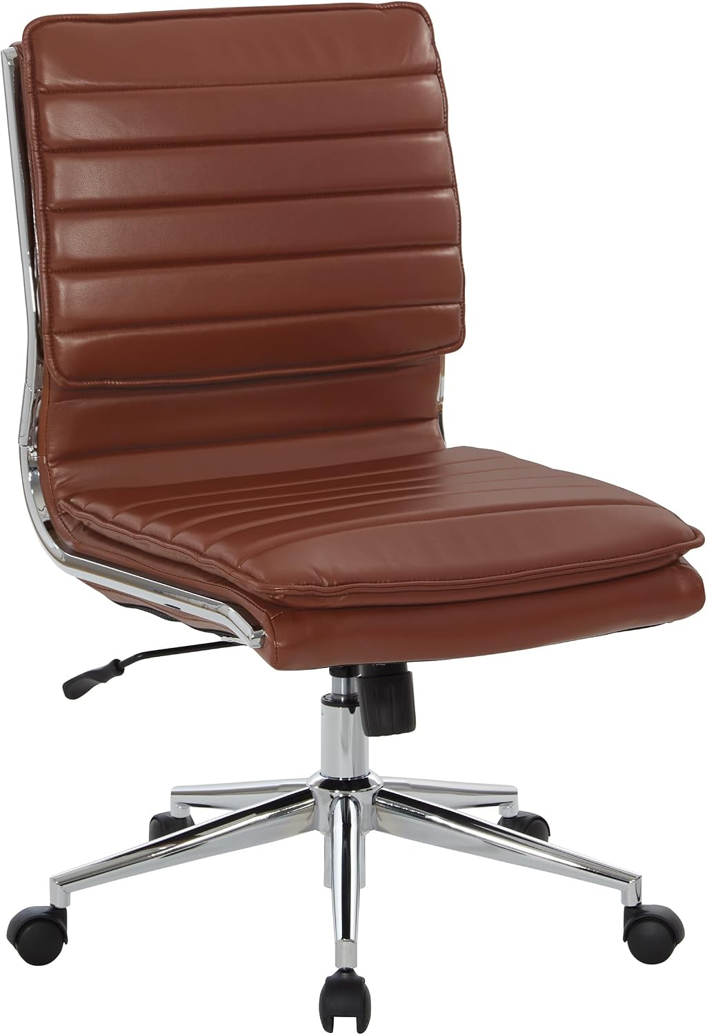 Office Star SPX Professional Ergonomic Ribbed Faux Leather Office Chair with Chrome Base, Mid Back Manager's Chair Without Arms, Saddle Brown