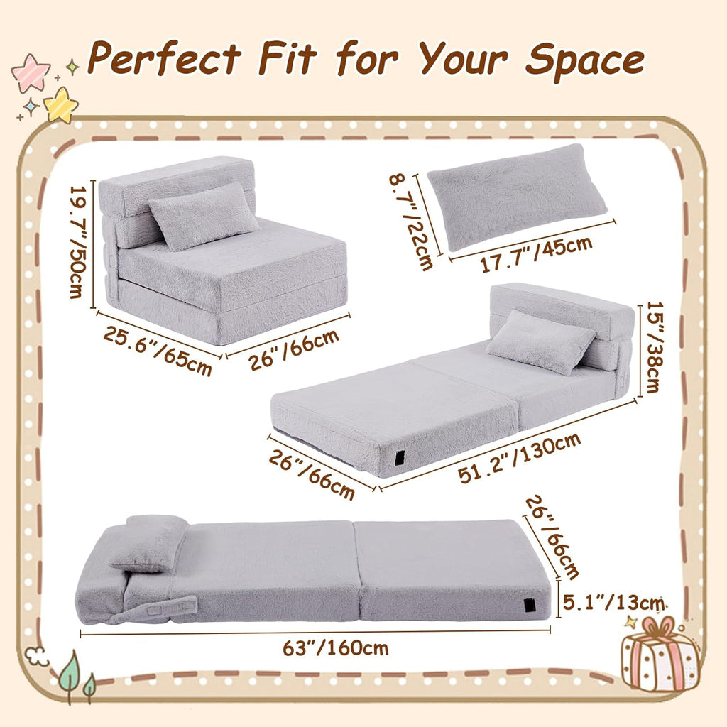 Folding Sofa Bed Mattress for Kids with Pillow, Toddler Washable Folding Floor Mat for Daycare, Child Fold Up Sofa Futon Chair Bed with Storage Bag for Playroom, Camping, Girls and Boys, Grey