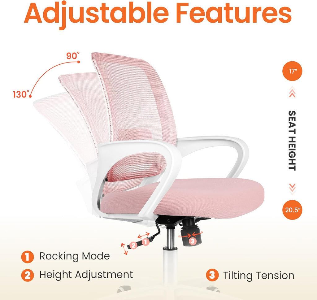 NEO CHAIR Office Desk Ergonomic Computer Mesh Chair with Lumbar Mid Back Support Adjustable Height Swivel Rolling Wheels Comfy Task Vanity Chair for Home Bedroom Study (Pastel Pink)