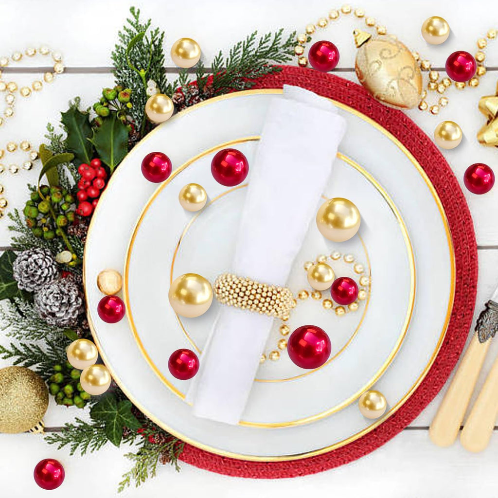 Floating Pearl for Vase Filler No Hole Floating Pearl Beads for Wedding Centerpiece Home Table Decor, Pearls for Brush Holder 130PCS (Gold, Red)