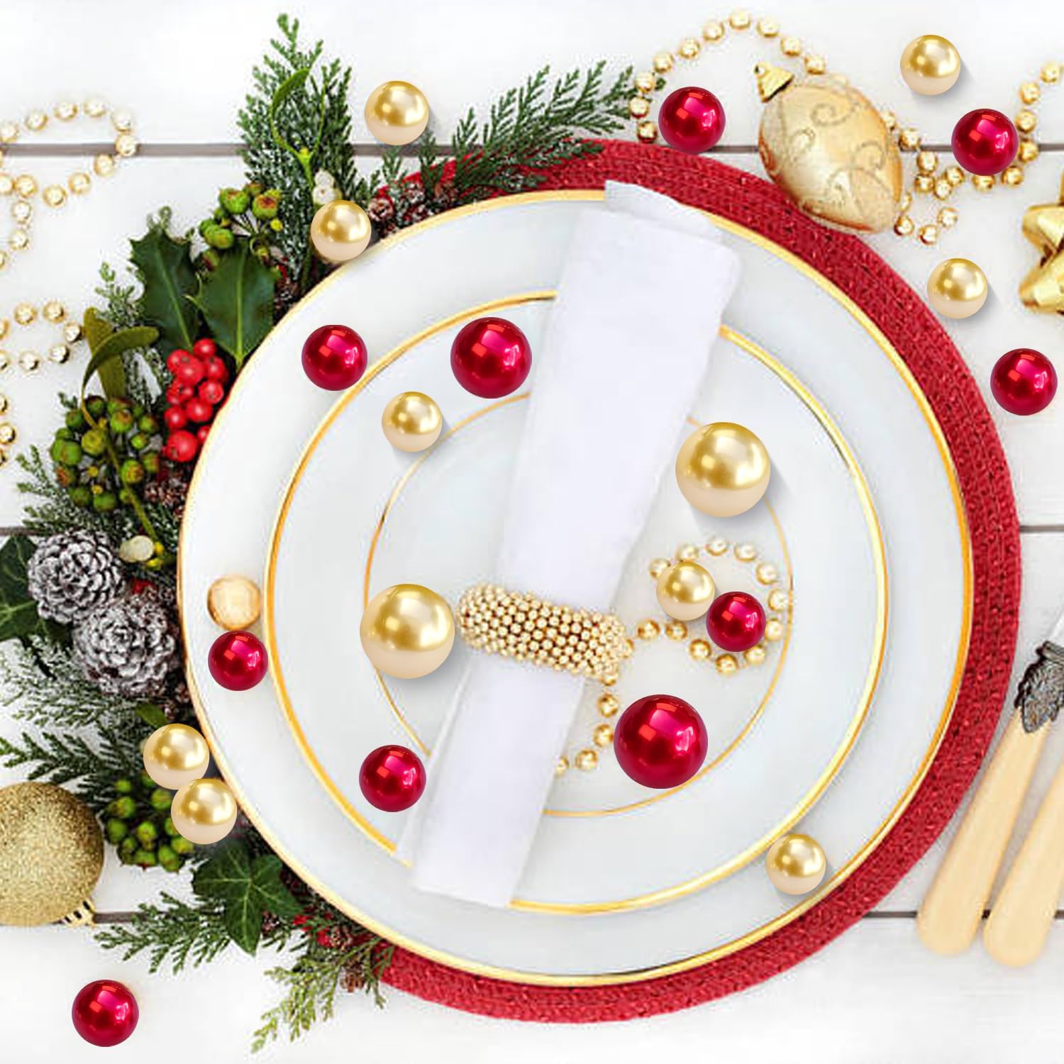 Floating Pearl for Vase Filler No Hole Floating Pearl Beads for Wedding Centerpiece Home Table Decor, Pearls for Brush Holder 130PCS (Gold, Red)