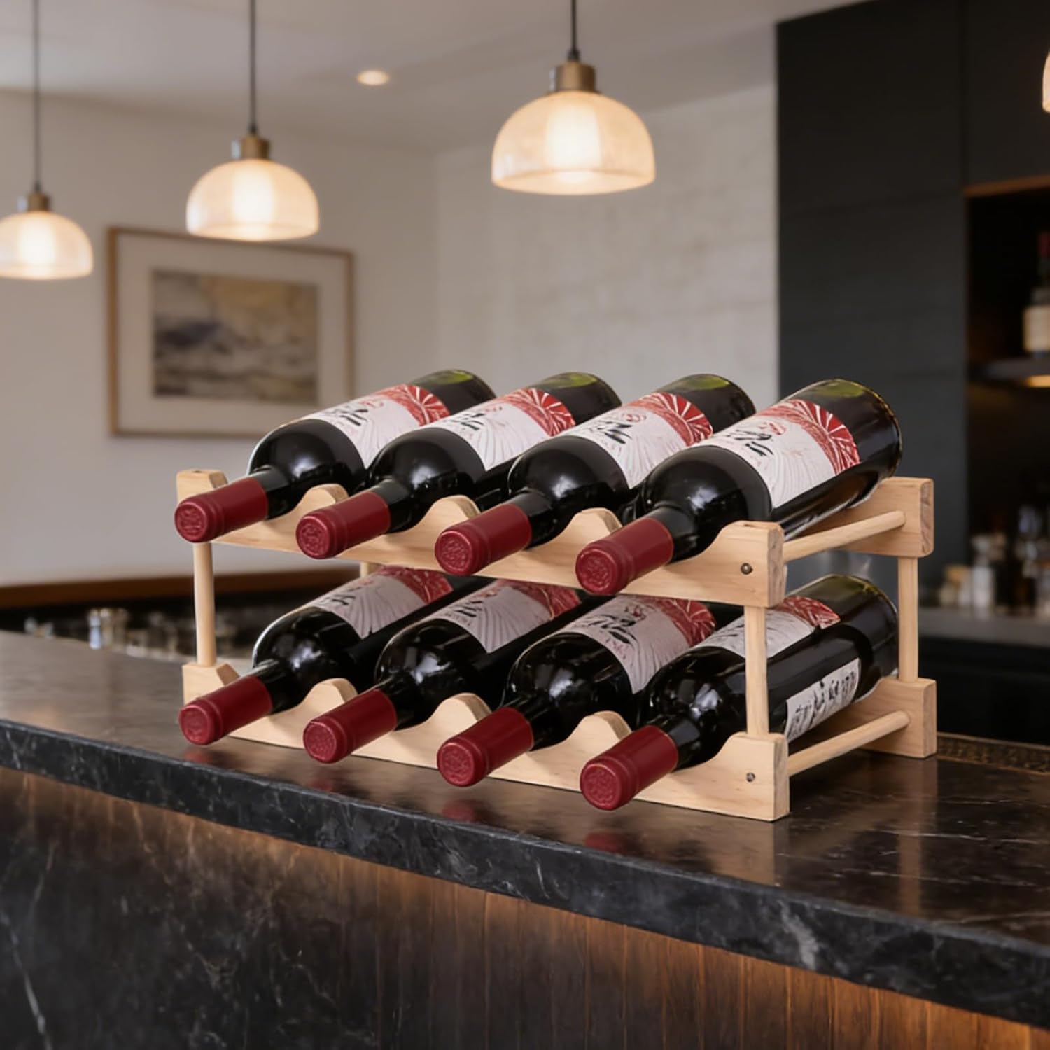 Wooden Wine Rack, countertop Wine Rack, 8-Bottle Stackable Wine Storage Rack, DIY Assembled Wine Holder, Used in Kitchens, countertops, etc (2 Layers with 8 Bottles)