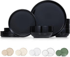 Vase and Vessel Ceramic Dinnerware Set, 12-Piece Service for 4, Soup Bowls (31.5 oz), Salad Plates (7.5"), Dinner Plates (10.5"), Round, Microwave and Dishwasher Safe, Black, Cambridge Classics