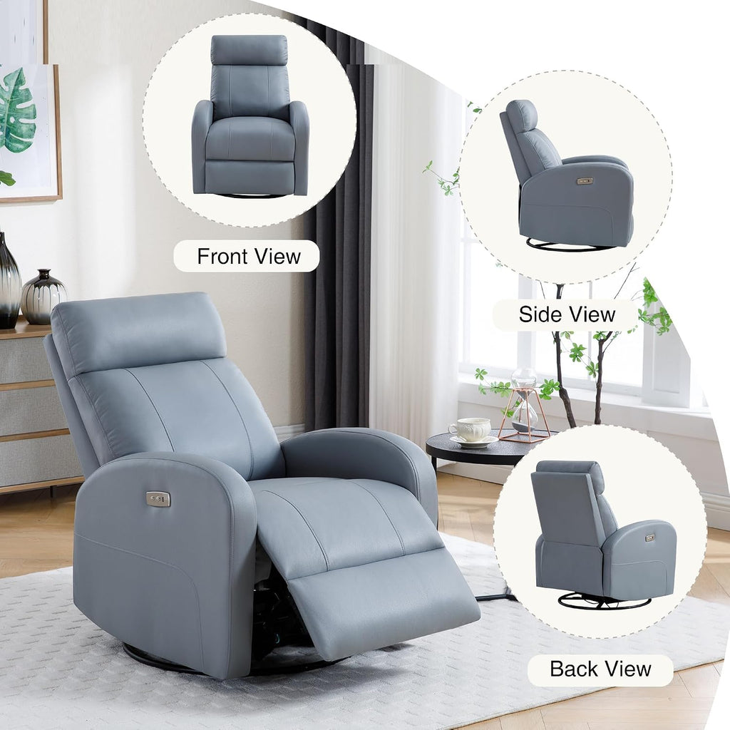 Power Swivel Rocker Recliner, Faux Leather Rocking Recliner Chair with USB Port, Swivel Glider Reclining Chair Nursery Recliners for Living Room, Blue