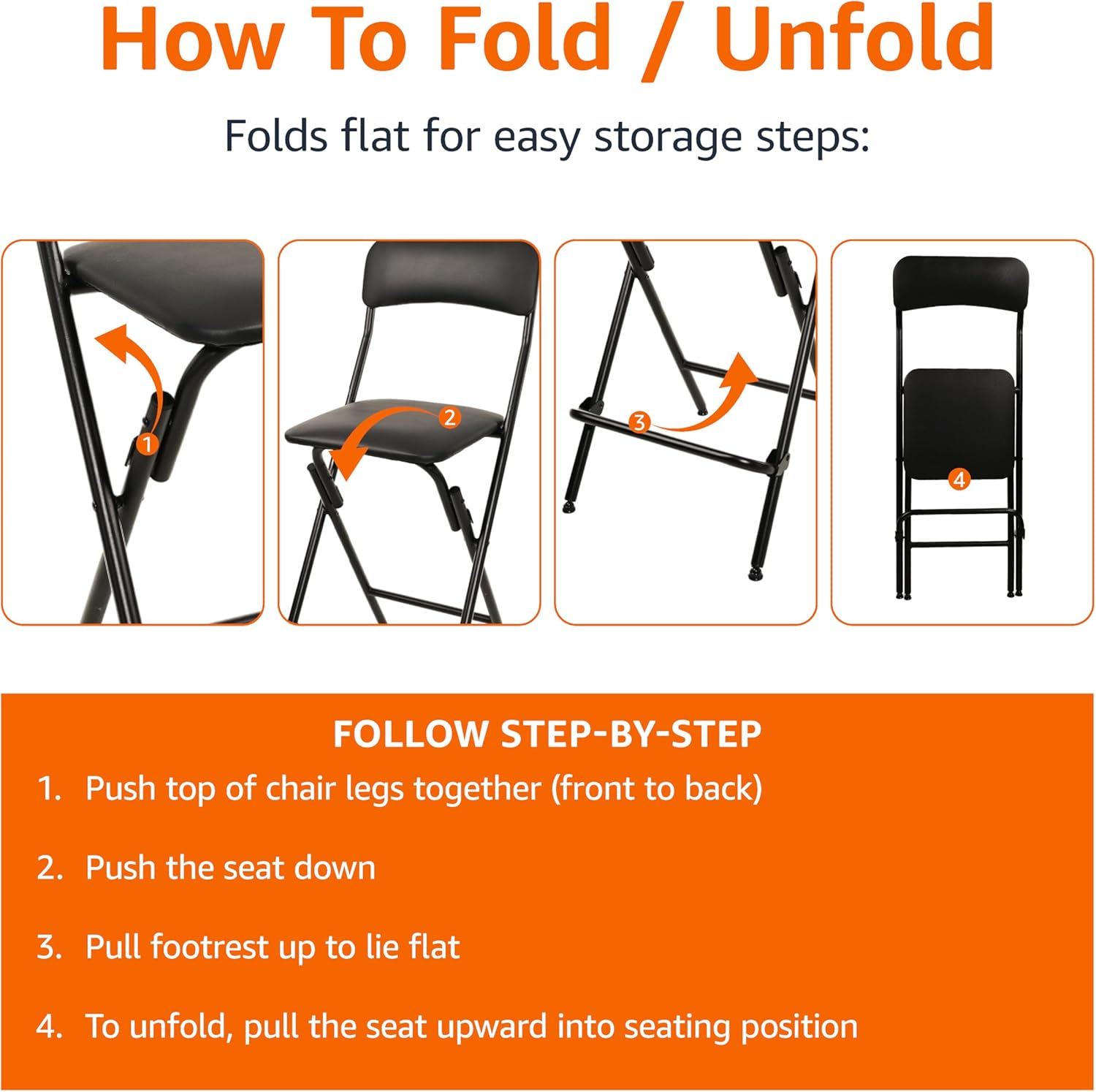 Amazon Basics Folding Bar Stool with Footrest, Portable, Sturdy, Space-Saving Storage, 300lb Capacity, 24" Height, Black, Set of 2