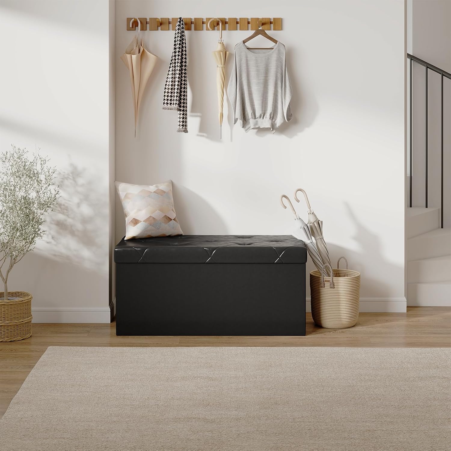 DUMOS 30 Inches Folding Ottoman with Storage Bench, Foot Rest Stool, End of Bed Storage Bench Upholstered, Load 660 lbs, for Living Room, Lychee Grain Leather, Black