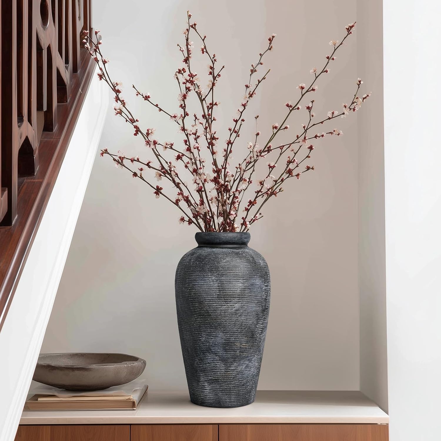 Rustic Vase, 11 inch Large Terracotta Flower Vase, Farmhouse Ceramic Pottery, Distressed Farmhouse Decor for Living Room, Shelf, Entryway, Room Decor, Black Bronze