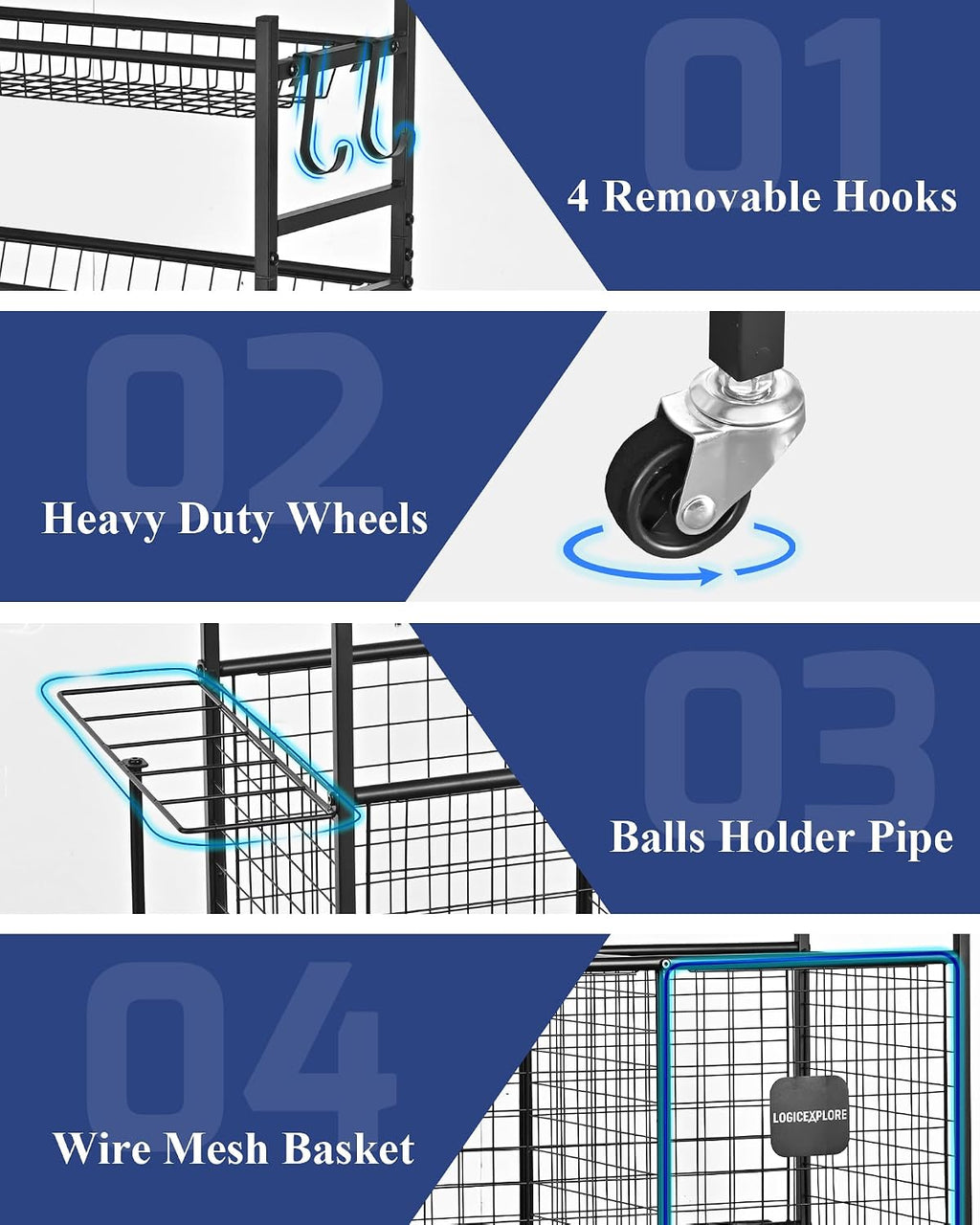 Sports Equipment Storage Organizer Rack with Rolling Wheels, Garage Ball Storage Cart for Basketball, Soccer, Baseball, Heavy-Duty Metal Sports Rack for Garage, Home, School Gym
