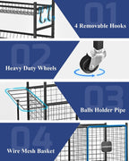 Sports Equipment Storage Organizer Rack with Rolling Wheels, Garage Ball Storage Cart for Basketball, Soccer, Baseball, Heavy-Duty Metal Sports Rack for Garage, Home, School Gym