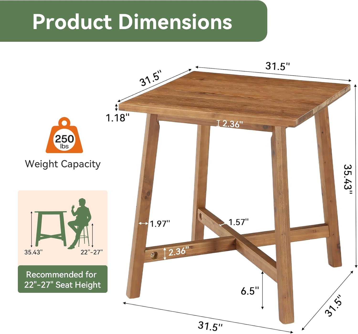 Solid Wood Bar Table, 31.5" Square Counter Height Pub Bistro Table with Footrest for Kitchen Dining Room, Farmhouse Small High Top Cocktail Furniture for Apartment Cafe, Brown