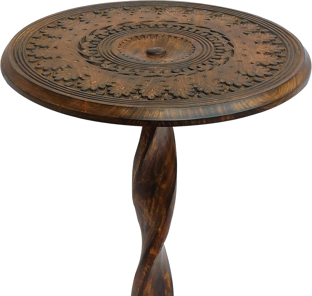 TUP THE URBAN PORT Jem 22 Inch Side End Table, Round Top, Hand Carved Boho Mandala Design with Twisted Base, Brown Mango Wood