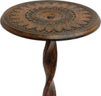 TUP THE URBAN PORT Jem 22 Inch Side End Table, Round Top, Hand Carved Boho Mandala Design with Twisted Base, Brown Mango Wood