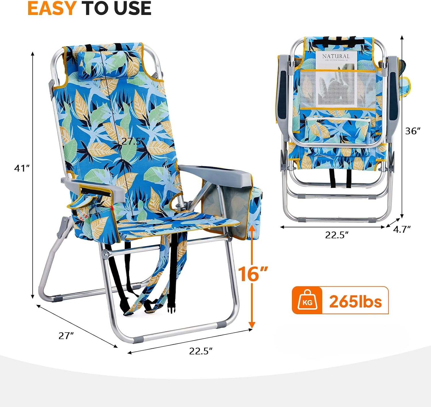 16" Tall Beach Chairs for Adults,2-Pack Lightweight Backpack Chair with 5-Position,Cooler Bag,Cup Holder,Towel Rack，Suitable for Camping Pool Patio Lawn Outdoor Travel