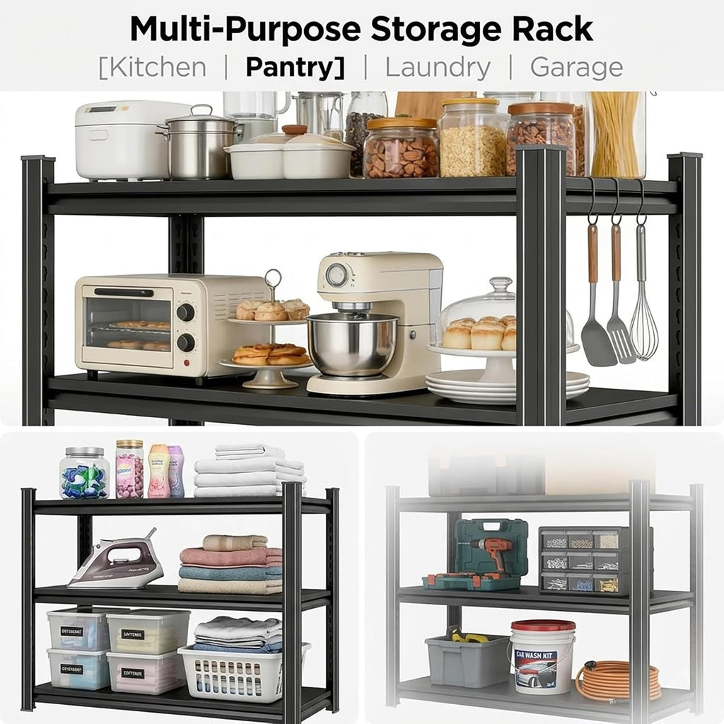 Kitchen Pantry Storage Shelves, 5-Tier Heavy Duty Metal Shelving Unit, Black Adjustable Deep Shelf Organizer for Pots, Pans, Food, and Pantry Items (5-45" W X 16" D X 71" H)