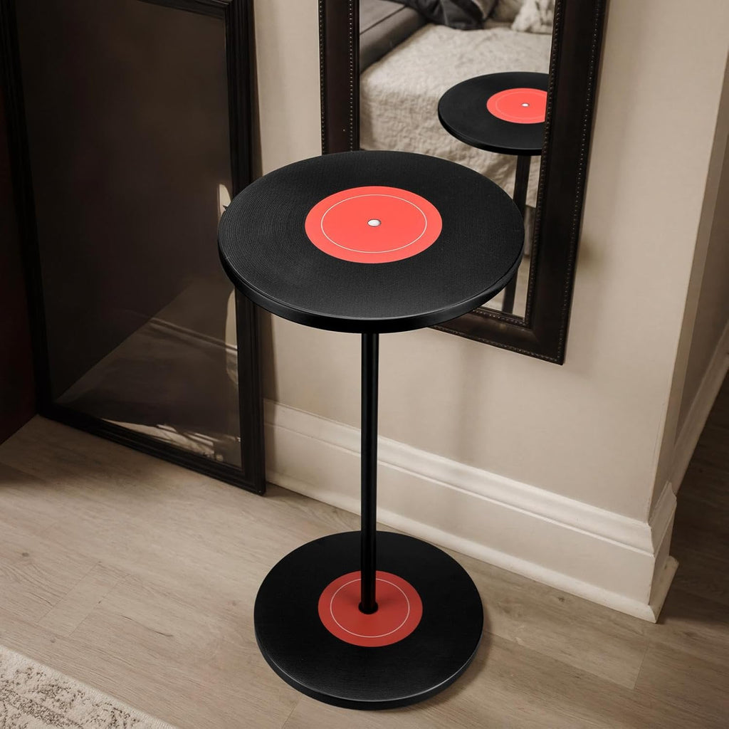Weysat Vinyl Records Side Table Record Decoration for Indie Hippie Room Decor Small Round End Drink Table with Pedestal Modern Hippie Decor for Home Music Room Party Aesthetic Decoration 14x25.6 Inch