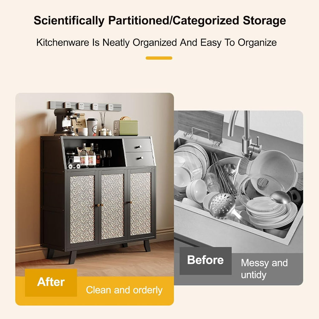 Kitchen Pantry Storage Cabinet with 3 Doors, Modern Hutch with Storage Drawers, Coffee Bar Workstation, for Kitchen, Bedroom, Dining Room, Office
