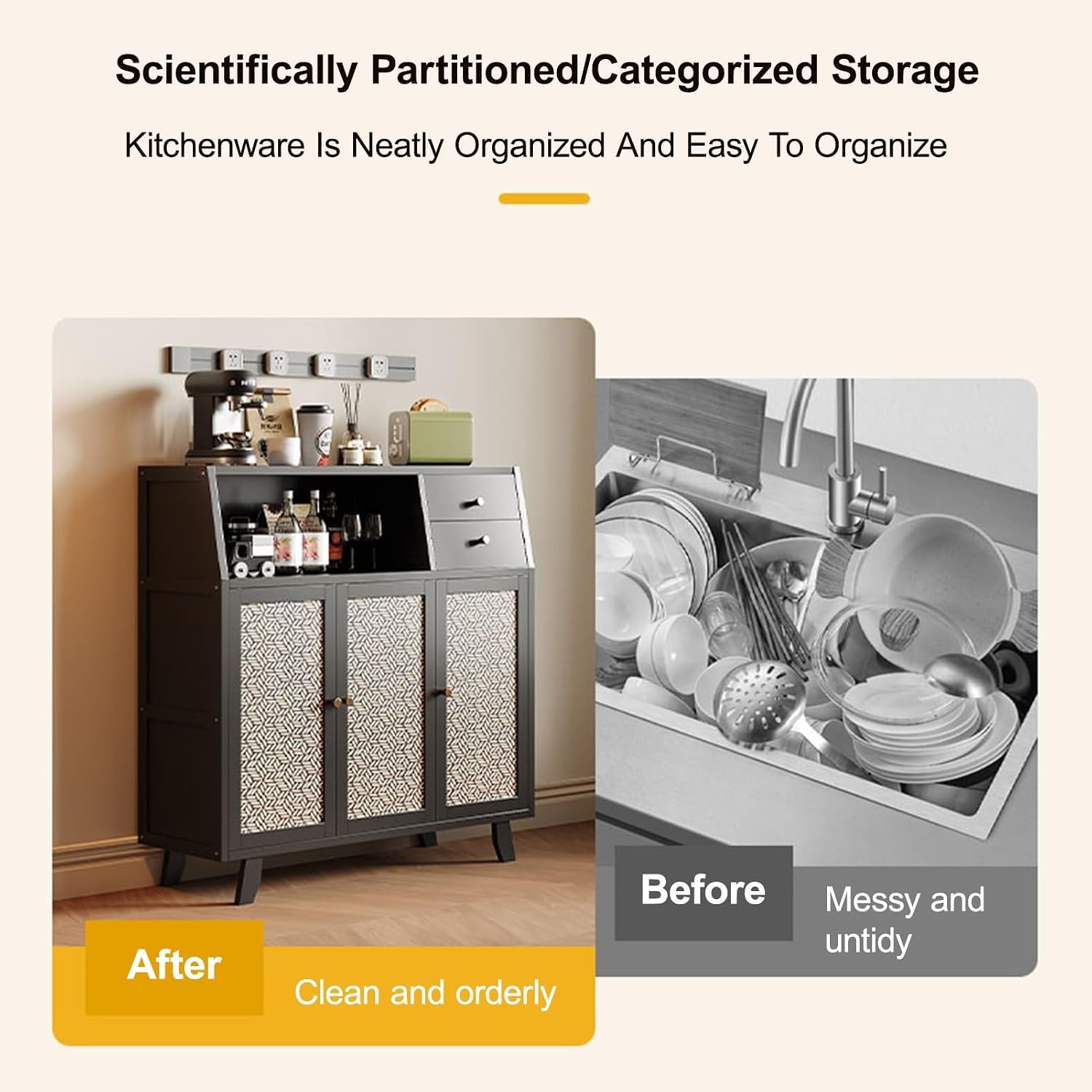 Kitchen Pantry Storage Cabinet with 3 Doors, Modern Hutch with Storage Drawers, Coffee Bar Workstation, for Kitchen, Bedroom, Dining Room, Office