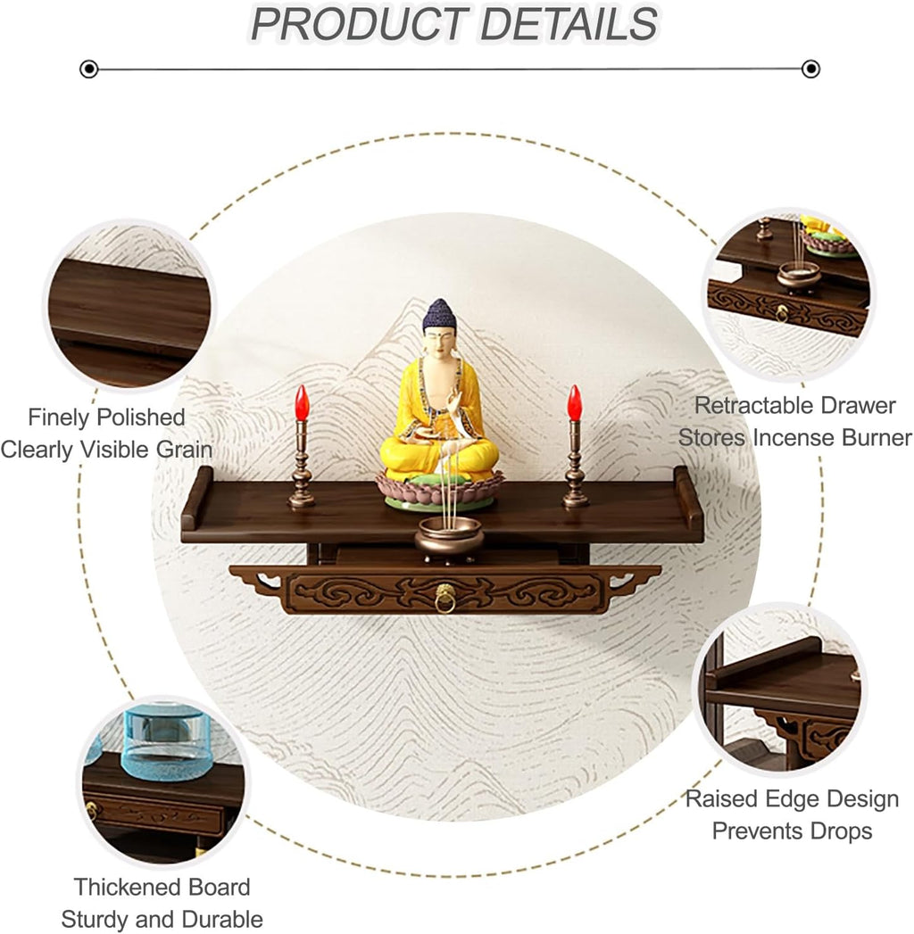 Prayer Altar Personal Shrine Stand Wall-Mounted Buddha Altar Shelf Stand, with Storage Tier, Antique Carving Buddha Offering Table(66cm/26in)