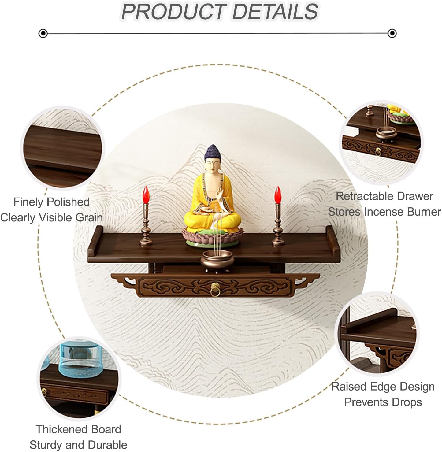 Prayer Altar Personal Shrine Stand Wall-Mounted Buddha Altar Shelf Stand, with Storage Tier, Antique Carving Buddha Offering Table(66cm/26in)