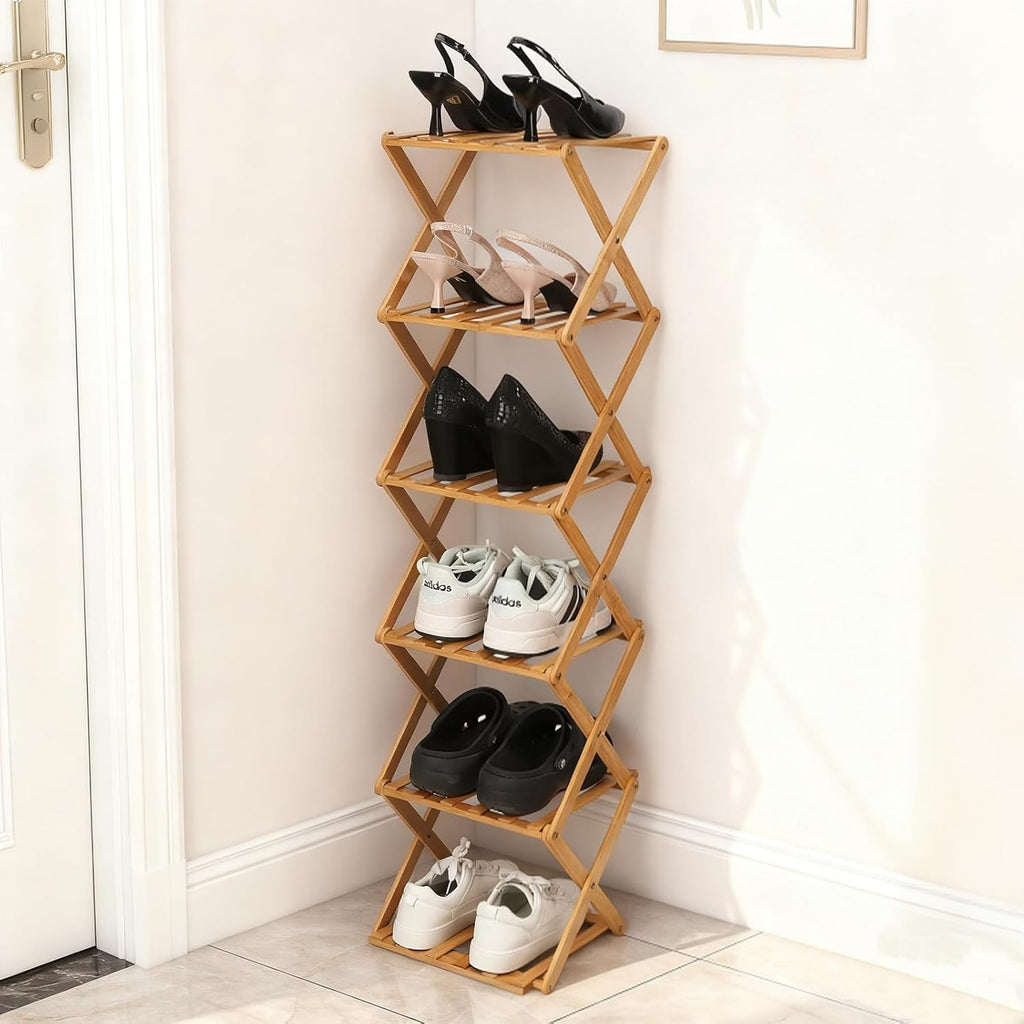Bamboo Shoe Rack 6 Tier Foldable Shoe Rack Narrow Vertical Shoe Organizer Free Standing Shelf, Multifunctional Slim Storage for Entryway, Corner, Bedroom, Hallway, Wood Color