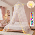 Obrecis Bed Canopy with LED Star Lights, Princess Canopy Bed Curtain with 18 Colors Changing String Lights Remote Timer for Girls Bedroom, Pink Red Blue White Dome Canopy for Twin to King Size Bed