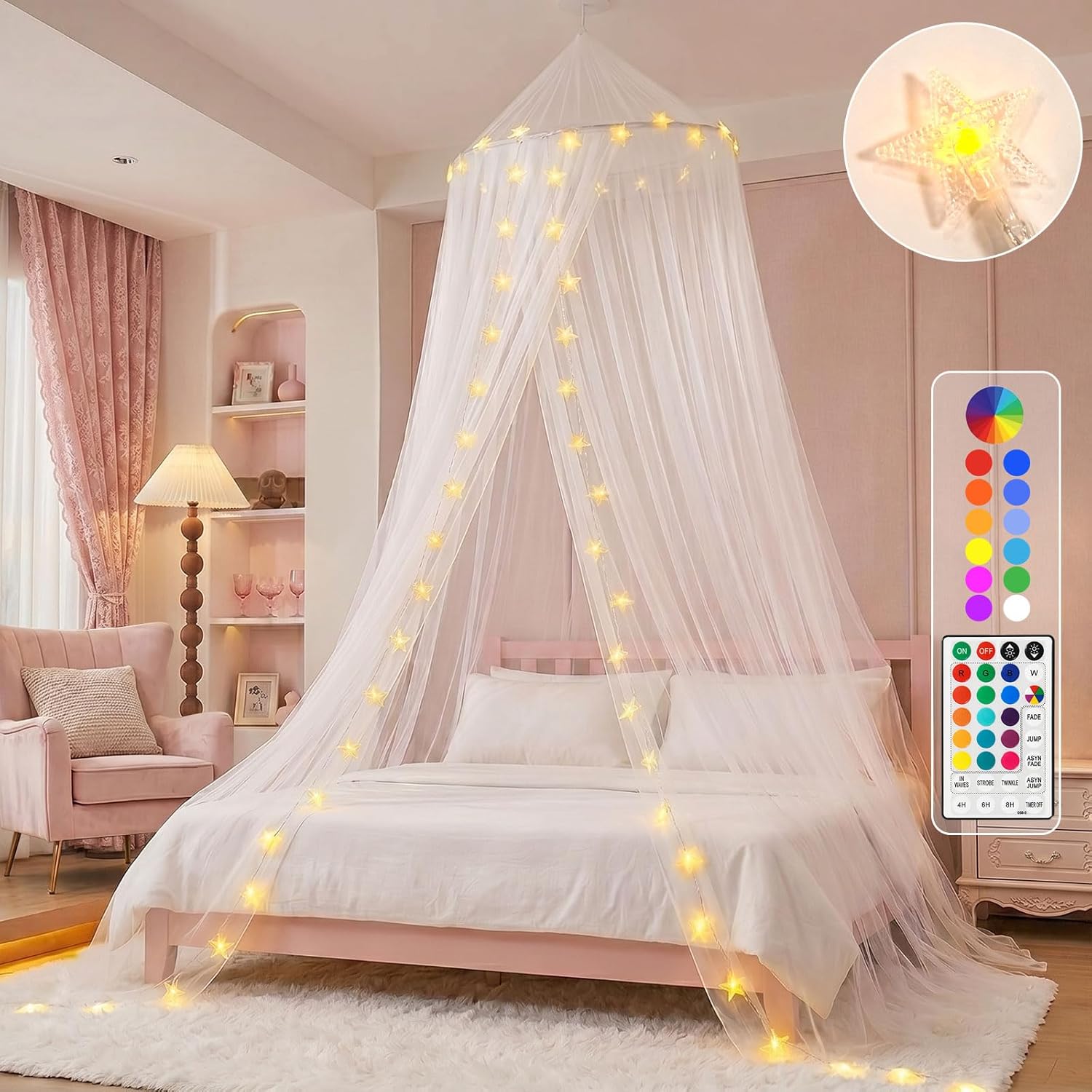 Obrecis Bed Canopy with LED Star Lights, Princess Canopy Bed Curtain with 18 Colors Changing String Lights Remote Timer for Girls Bedroom, Pink Red Blue White Dome Canopy for Twin to King Size Bed