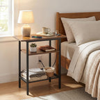 HOOBRO Side Table, Narrow End Table with Shelf and Charging Station, 3-Tier Bedside Tables with Wide Storage Tabletop for for Small Spaces, Living Room, Bedroom, Rustic Brown and Black BF366UBZ01