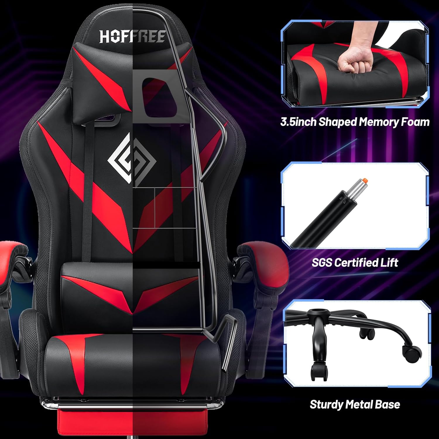 HOFFREE Gaming Chair with LED RGB Lights Massage Ergonomic Video Game Chairs with Footrest High Back Reclining Computer Chair with Adjustable Lumbar Support Red and Black