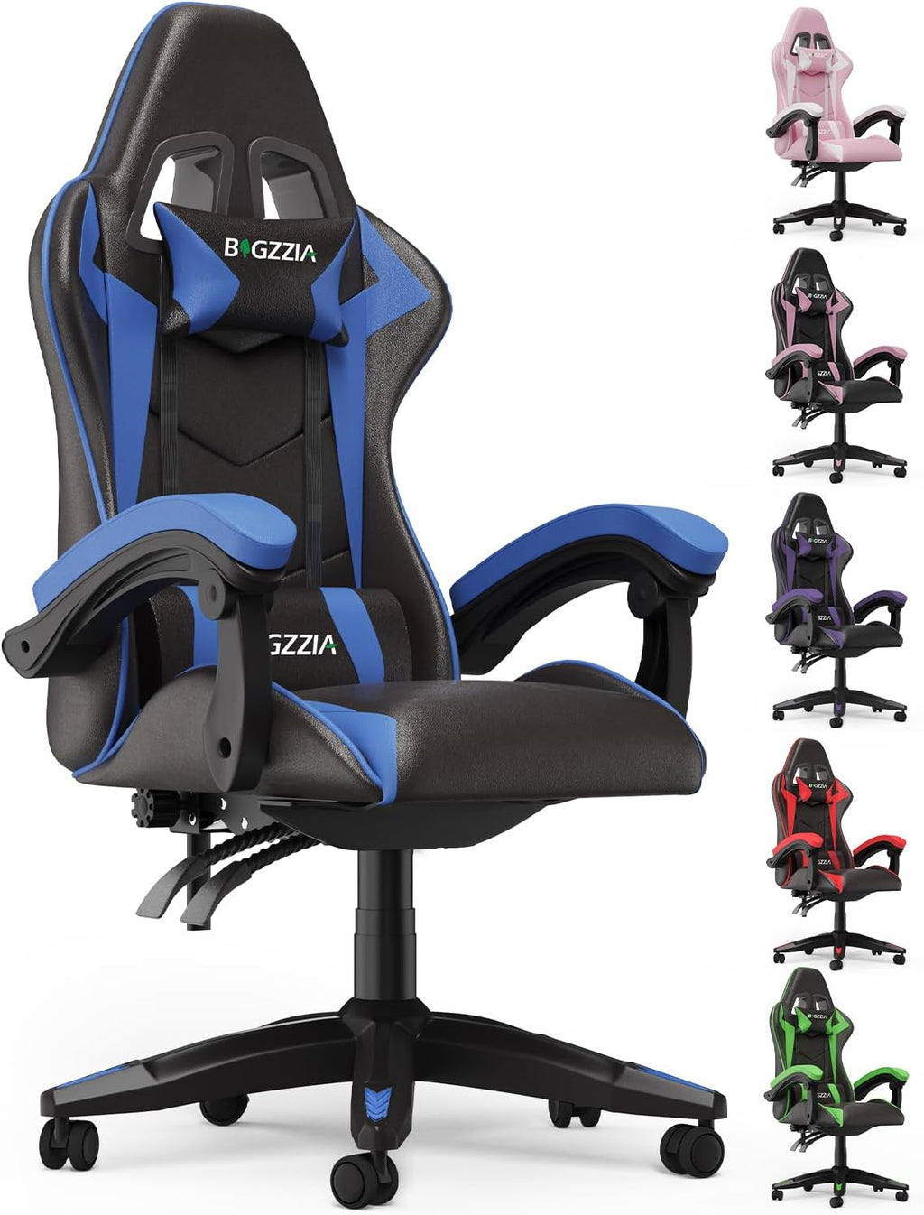 Bigzzia Gaming Chair, Computer Game Chair with Lumbar Support, Comfortable Video Game Chairs for Adults Kids, Racing Style Gamer Chair with 360°-Swivel Seat and Headrest（Blue）