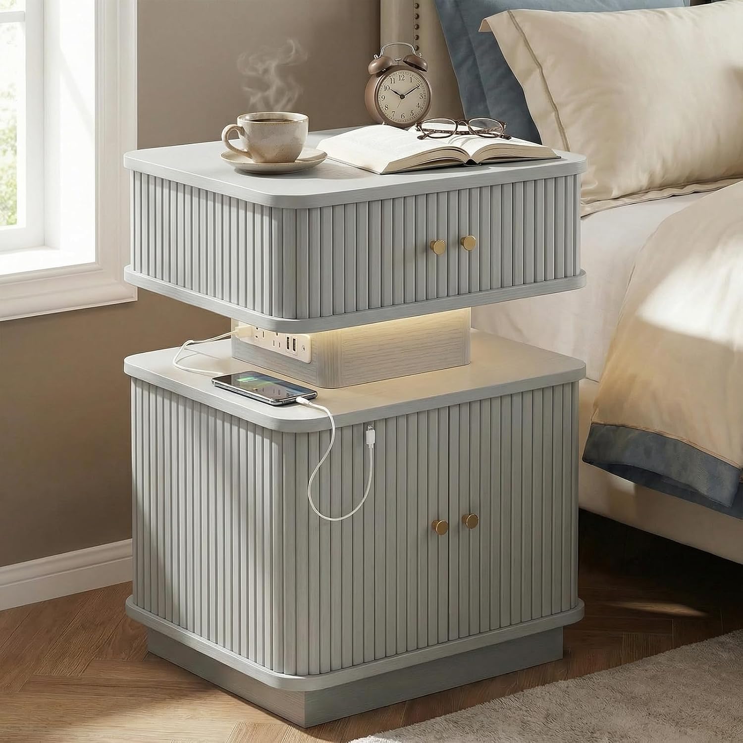 Nightstands Set of 2 with Charging Station, Modern Night Stands Set 2 with Smart Led Light and Small Sliding Door Cabinets, Curvy Edge, Bedside Table for Bedroom, Grey