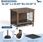 Rustic Brown Wooden Dog Crate End Table with Dual Doors & Lockable Wheels, Indoor Kennel for Small Medium Dogs 26.4" w×19.7" d×25.6" h