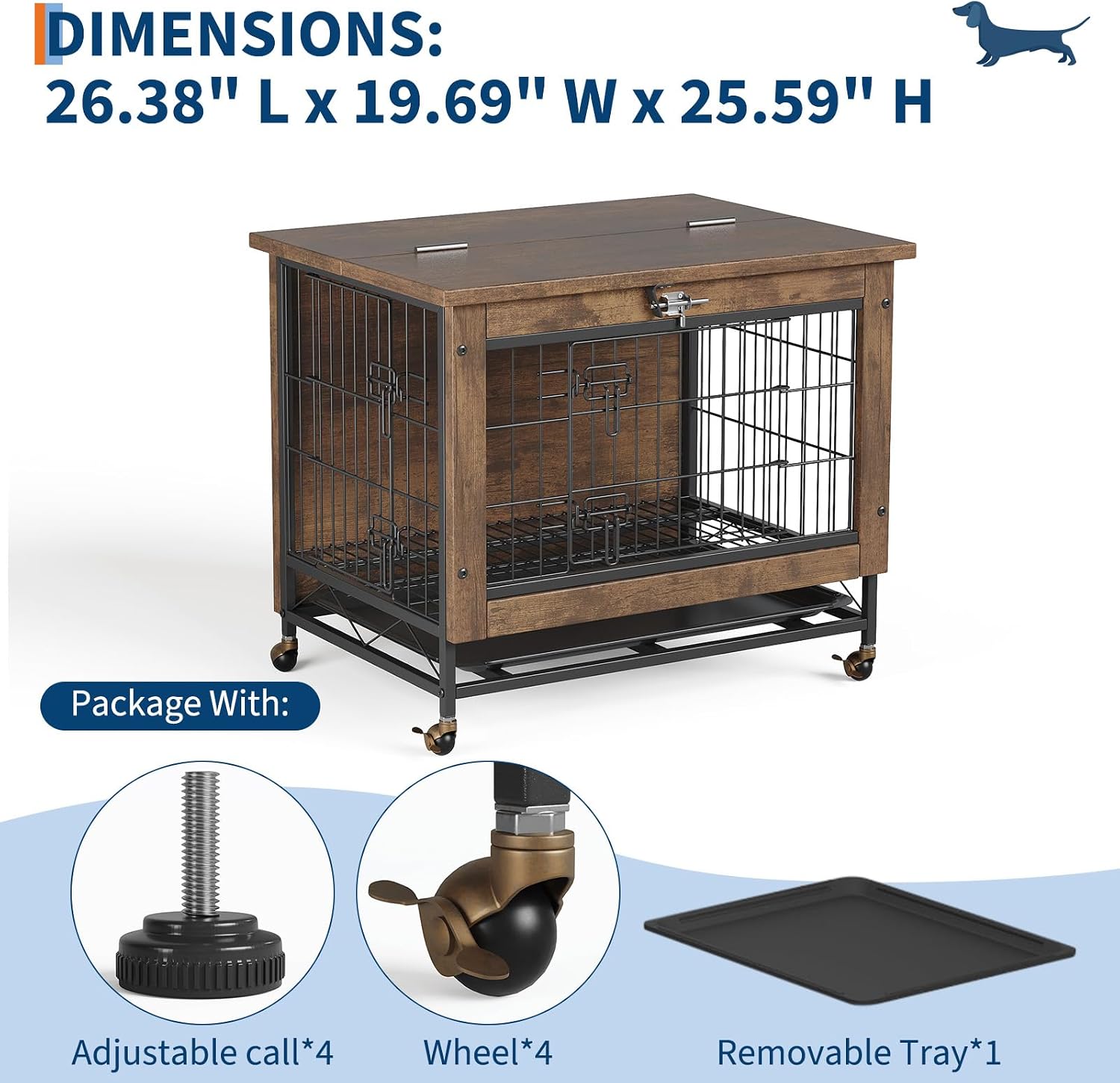 Rustic Brown Wooden Dog Crate End Table with Dual Doors & Lockable Wheels, Indoor Kennel for Small Medium Dogs 26.4" w×19.7" d×25.6" h