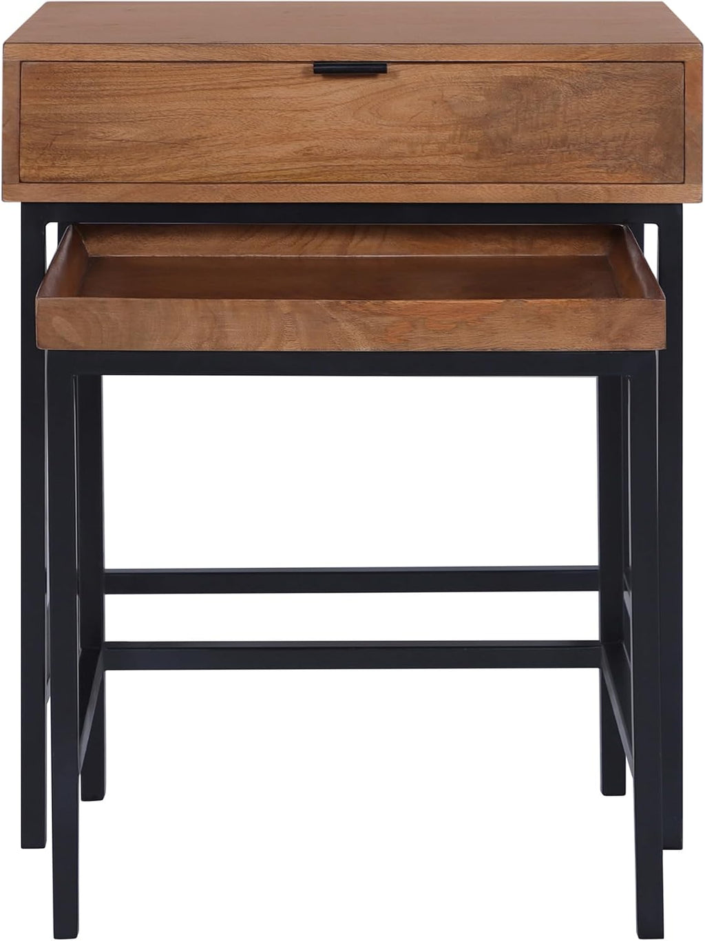 Casartis Living Atelier Nesting Side Table Set of 2 in Honey, Solid Mango Wood with Powder-Coated Iron, Drawer and Tray Top
