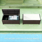 Geelife Outdoor Wicker Storage Bench - Coffee, Cream White - 2-in-1 Bench & Storage Box - Porch, Patio - Weather-Resistant