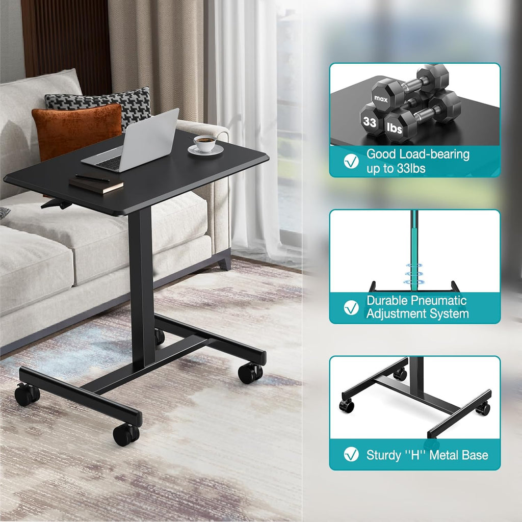 DUMOS Small Rolling Desk Mobile Standing Portable Laptop PC Table with Wheels Adjustable Height Computer Workstation for Home Office, Compact Small Space, Easy Assembly, Modern Black