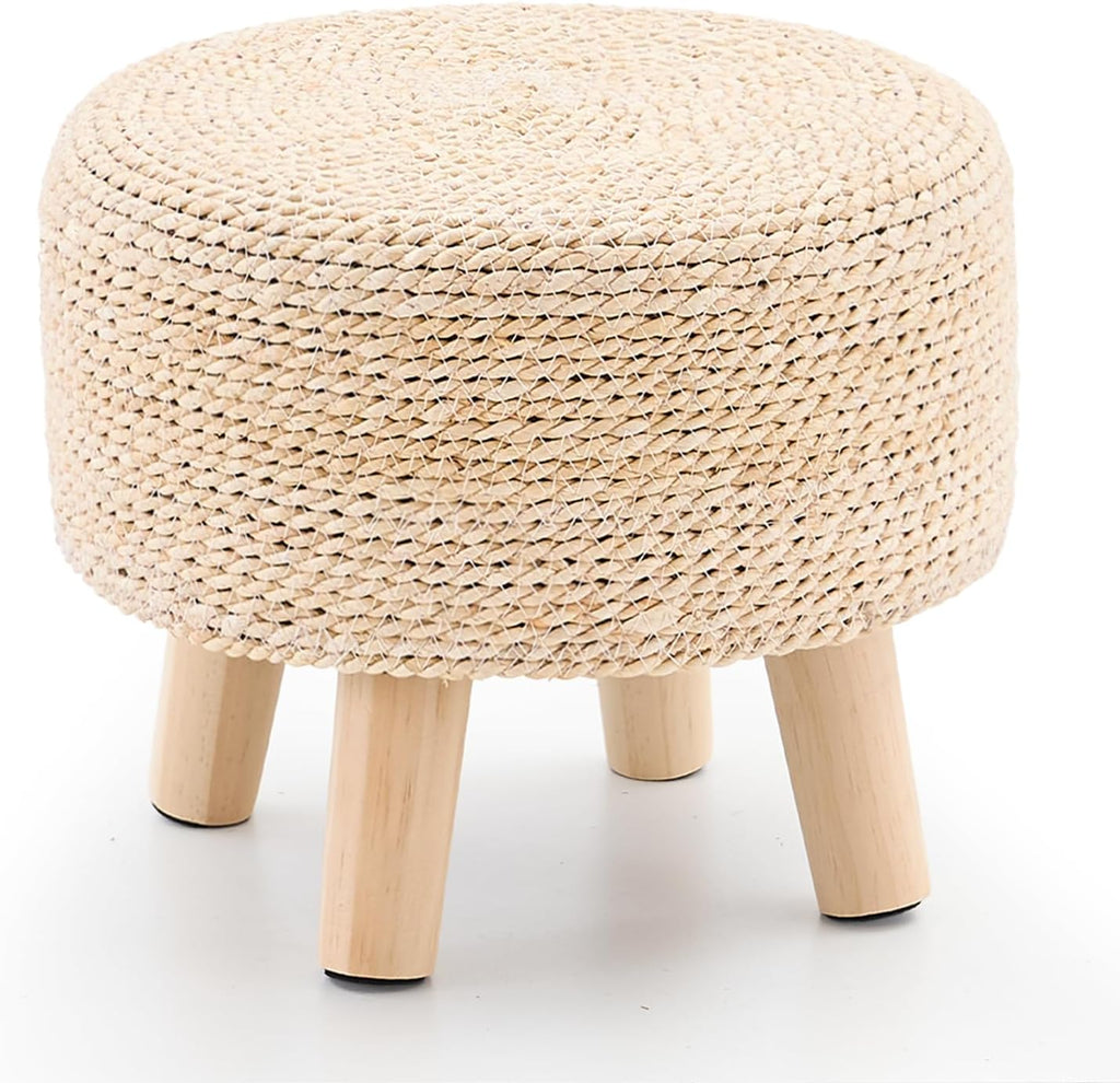 Cpintltr Ottoman Natural Seagrass Footrest Poufs Hand Weave Round Foot Stool for Couch Desk Soft Step Stool Padded Foot Rest with Pine Legs for Living Room Bedroom (Natural White)