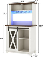 31.5"Wide Farmhouse Coffee Bar Cabinet with LED Light,Wine Bar Cabinet w/2 Storage Hutch,Kitchen Buffet Cabinet w/Sliding Barn Door & Wine and Glass Racks for Kitchen Dining Room(Antique White)