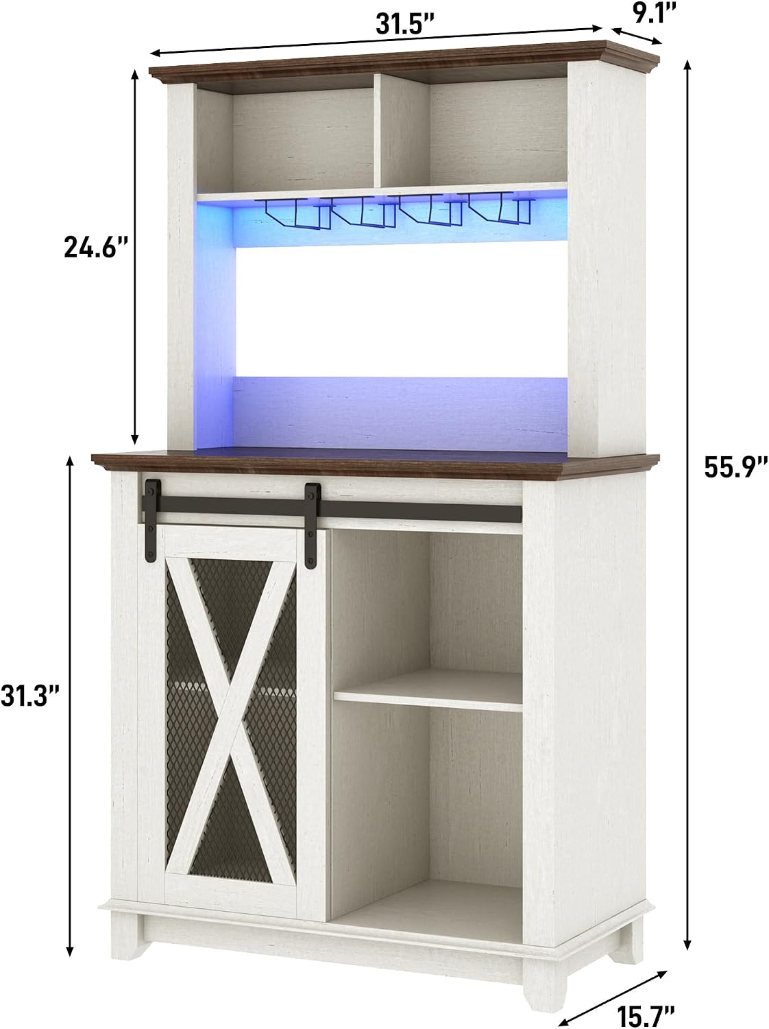 31.5"Wide Farmhouse Coffee Bar Cabinet with LED Light,Wine Bar Cabinet w/2 Storage Hutch,Kitchen Buffet Cabinet w/Sliding Barn Door & Wine and Glass Racks for Kitchen Dining Room(Antique White)