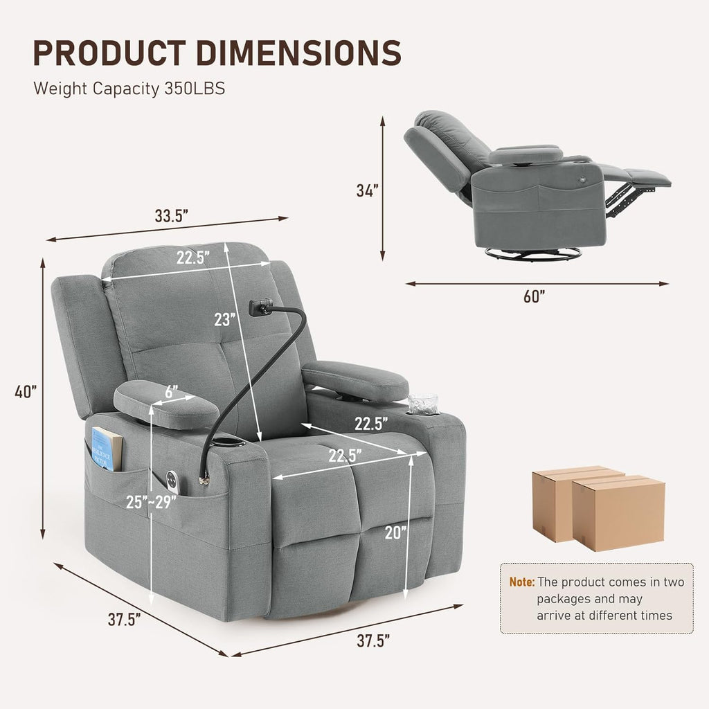 Furnimart Power Rocking Chair Nursery with Adjustable Armrests, Triple Motor Glider Recliner Swivel Nursing Chair for Breastfeeding with Phone Holder, Side Storage, Soft Waterproof Fabric, Dark Grey