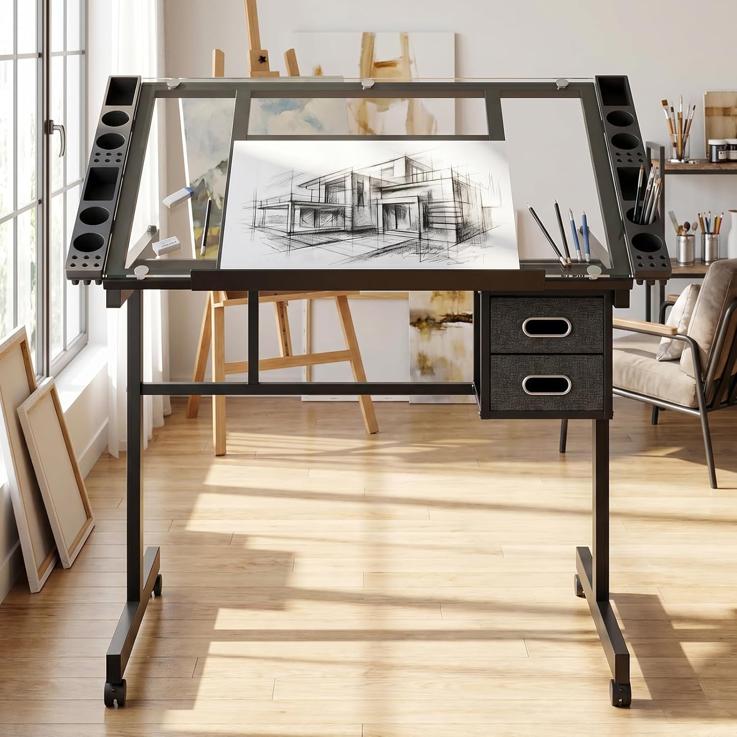 XEW Adjustable Drafting Table Desk Without Stool – Multi-Functional Art Desk for Adults, Drawing & Painting Table, Artist Desk & Drafting Table, Art Table, Tempered Glass Black C